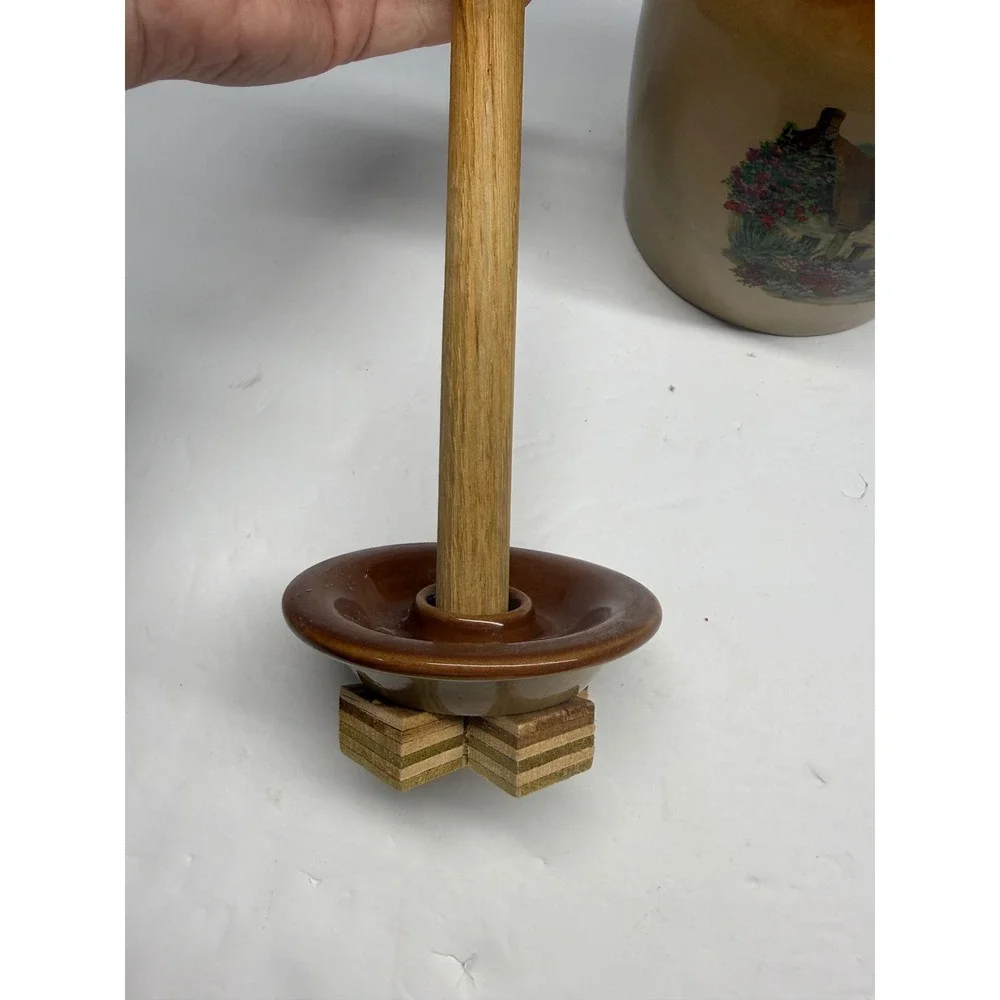 Vintage Stoneware Butter Churn Crock with Wooden Dasher Cottage Scene Brown Tan